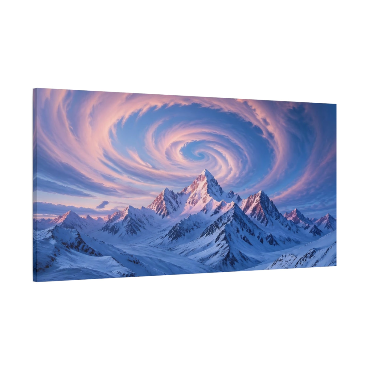 Side Mockup 2. Nature Snowy Mountains Blue And Pink Mountains shown as stretched canvas wall art