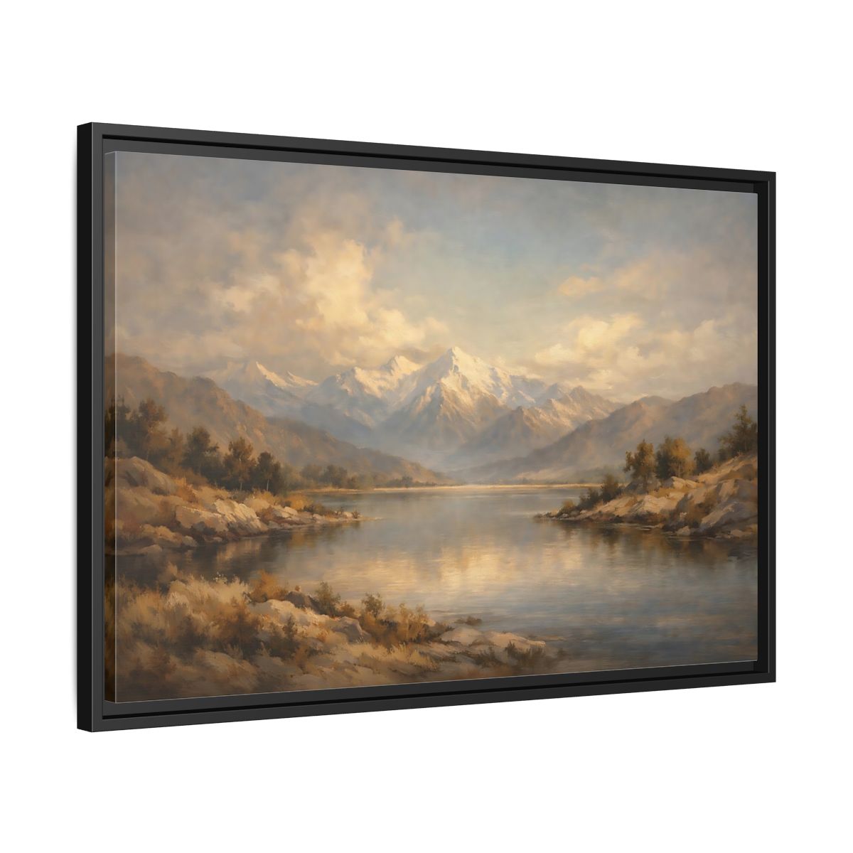 Side Mockup 14. Nature Snowy Mountains Mountain Lake shown as stretched canvas wall art
