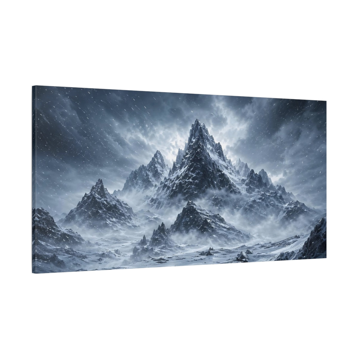 Side Mockup 2. Nature Snowy Mountains Winter Landscape shown as stretched canvas wall art