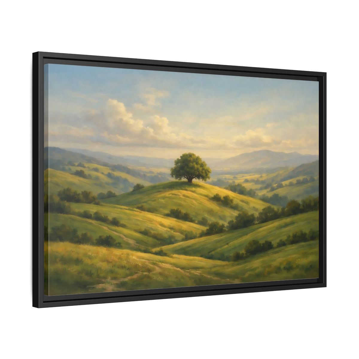 Side Mockup 14. Nature Solitary Tree Green Landscape shown as stretched canvas wall art