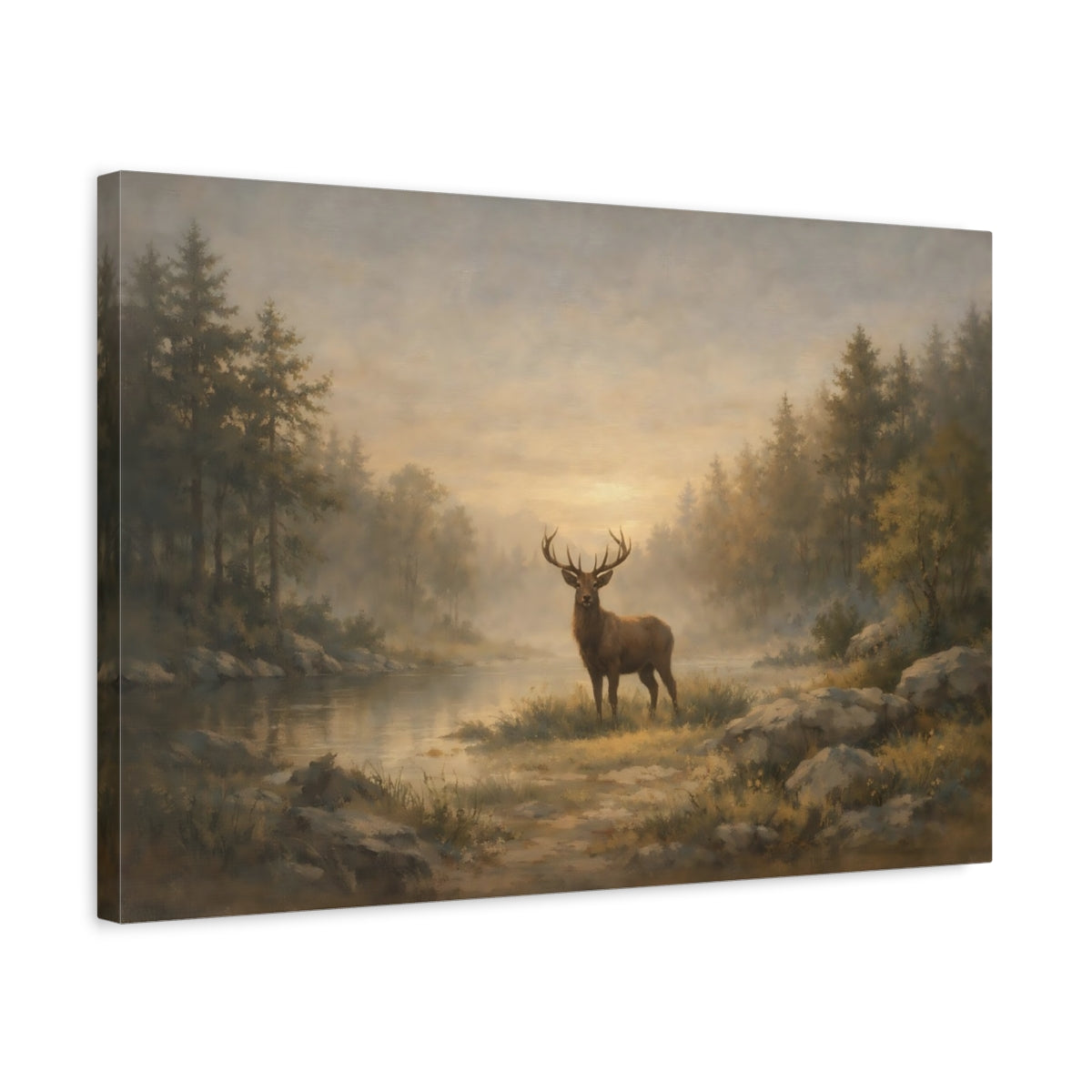 Side Mockup 3. Nature Stag Brown And Gold shown as stretched canvas wall art