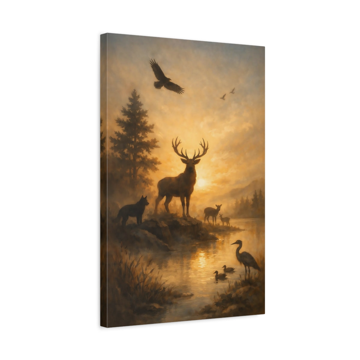 Side Mockup 3. Nature Stag Golden Wildlife Scene shown as stretched canvas wall art