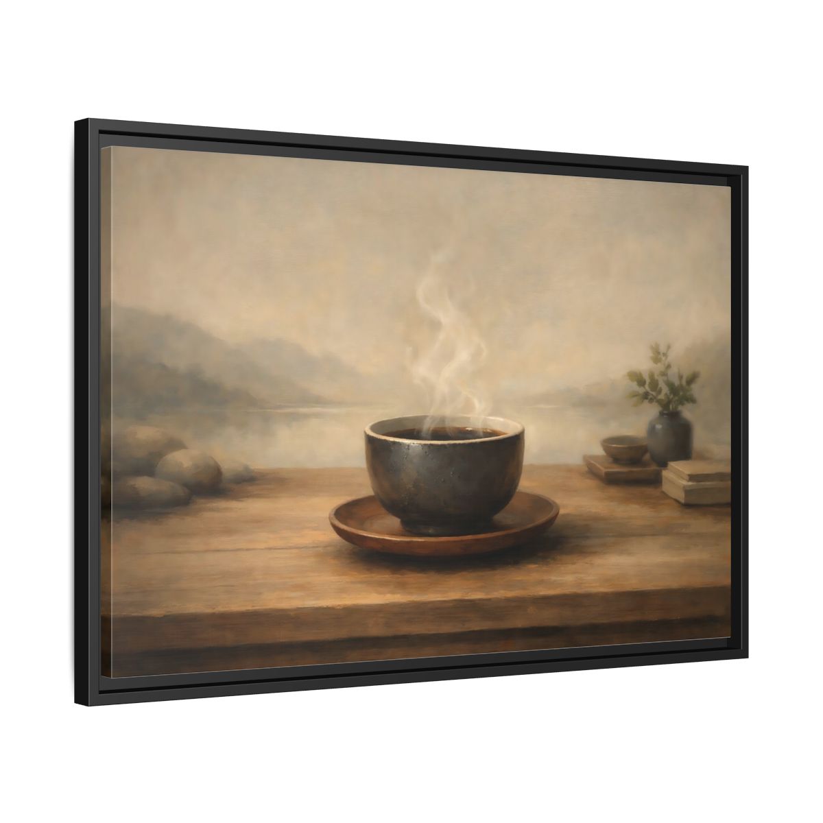 Side Mockup 14. Nature Steaming Cup Brown And Grey shown as stretched canvas wall art