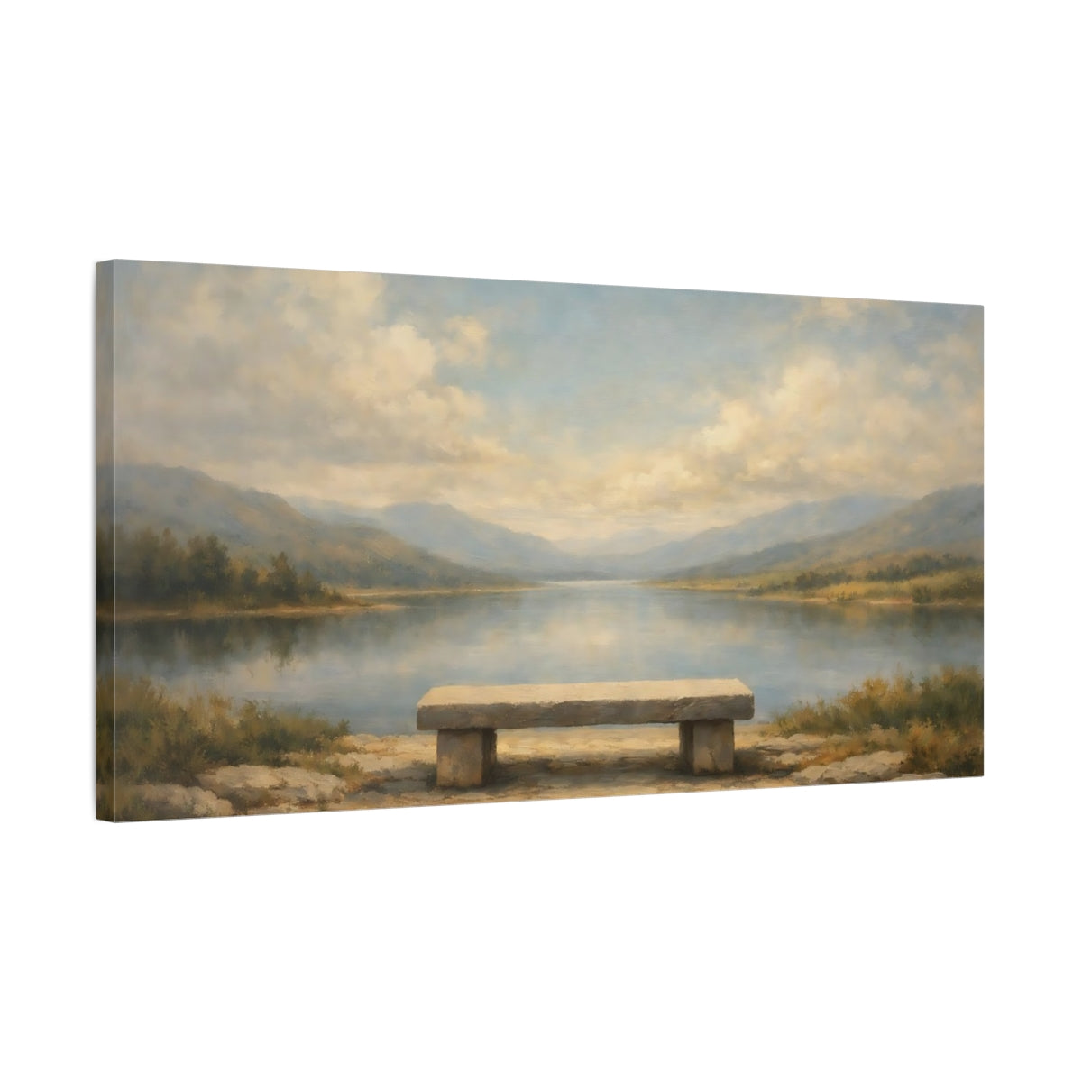 Side Mockup 2. Nature Stone Bench Calm Lake Landscape shown as stretched canvas wall art