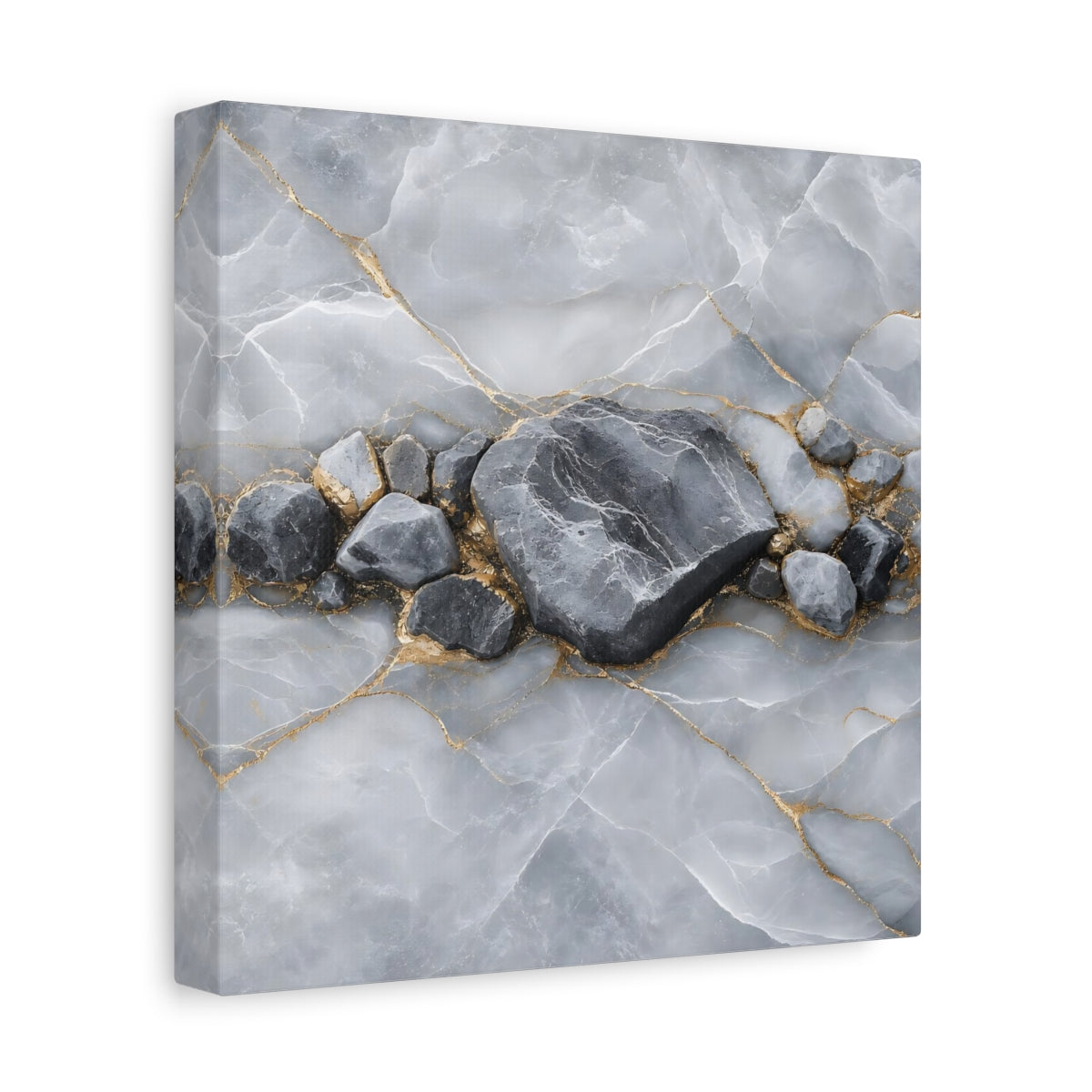 Side Mockup 9. Nature Stone Formation Grey And Gold shown as stretched canvas wall art