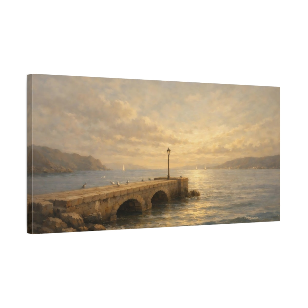 Side Mockup 2. Nature Stone Pier Golden Coastal shown as stretched canvas wall art