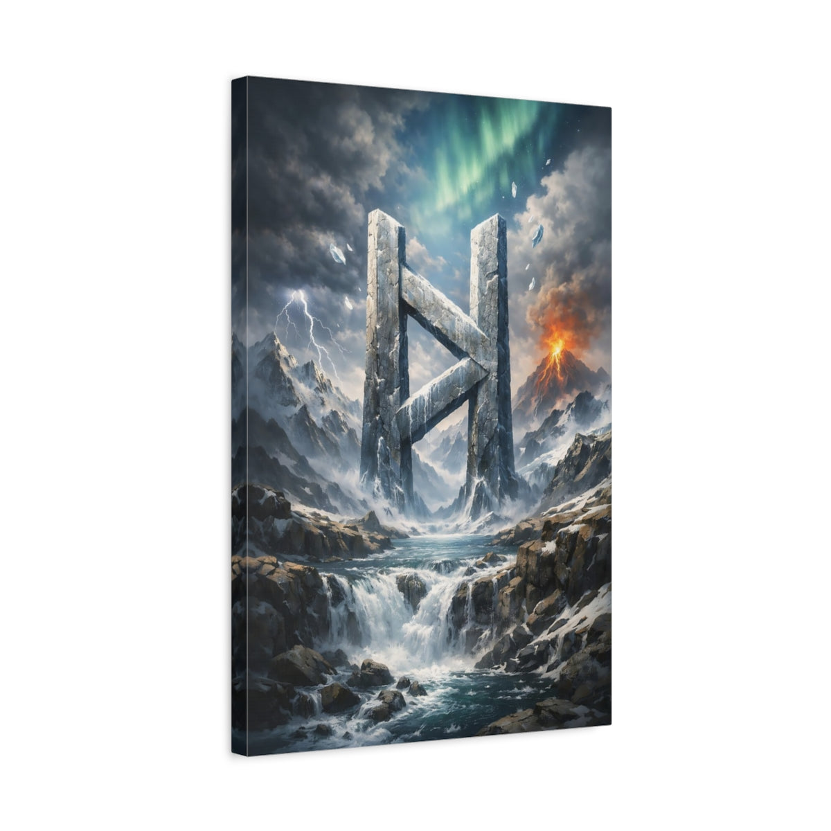 Side Mockup 3. Nature Stone Rune Dramatic Landscape shown as stretched canvas wall art