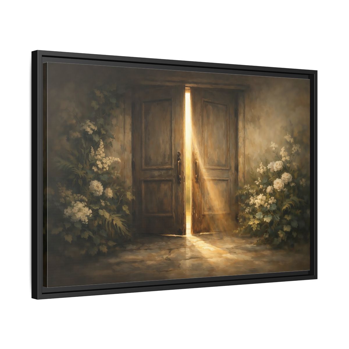 Side Mockup 14. Nature Sunlit Doorway Brown And Gold shown as stretched canvas wall art