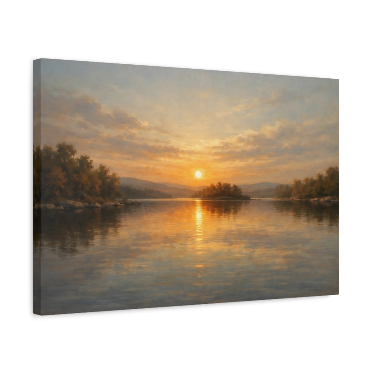 Side Mockup 3. Nature Sunset Lake Golden Sunset shown as stretched canvas wall art