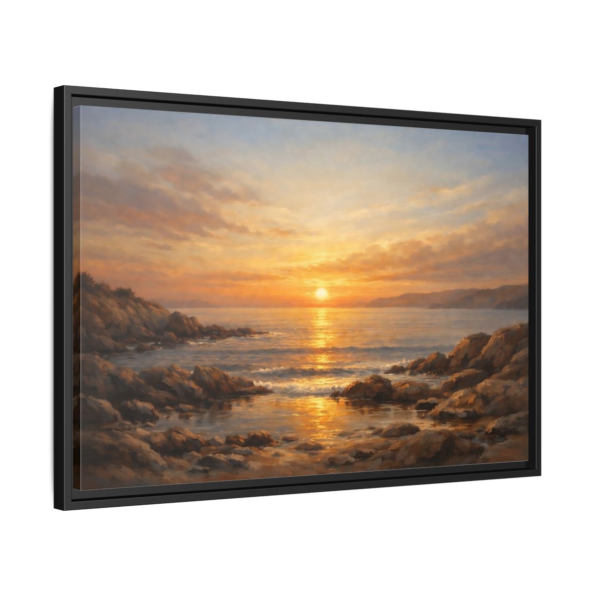 Side Mockup 14. Nature Sunset Seascape Golden Sunset Seascape shown as stretched canvas wall art