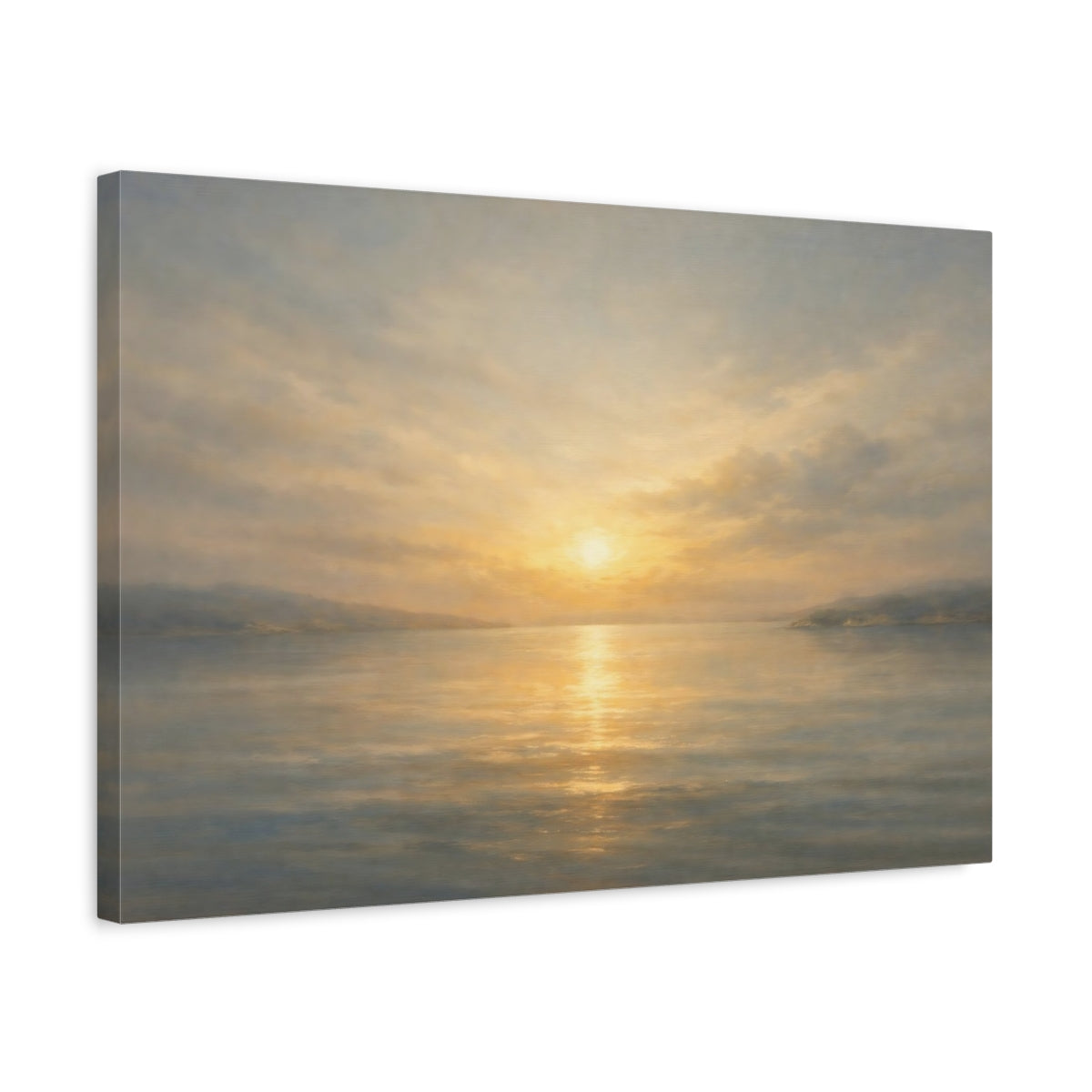 Side Mockup 3. Nature Sunset Seascape Golden Ocean Sunset shown as stretched canvas wall art