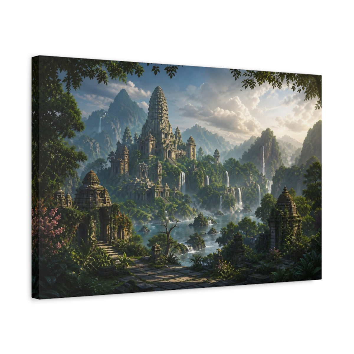 Side Mockup 3. Nature Temple Complex Green And Grey shown as stretched canvas wall art