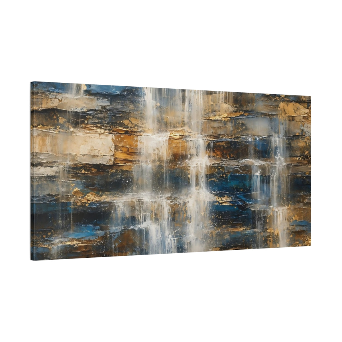 Side Mockup 2. Nature Textured Waterfall Blue Gold Waterfall shown as stretched canvas wall art