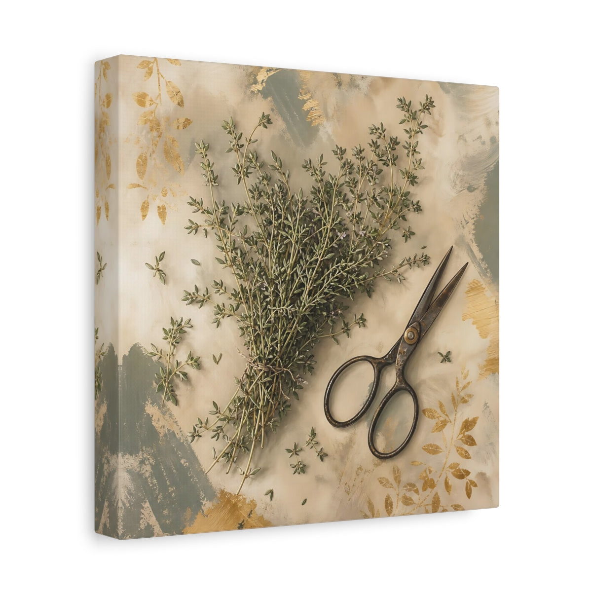 Side Mockup 9. Nature Thyme Herb Green And Gold shown as stretched canvas wall art