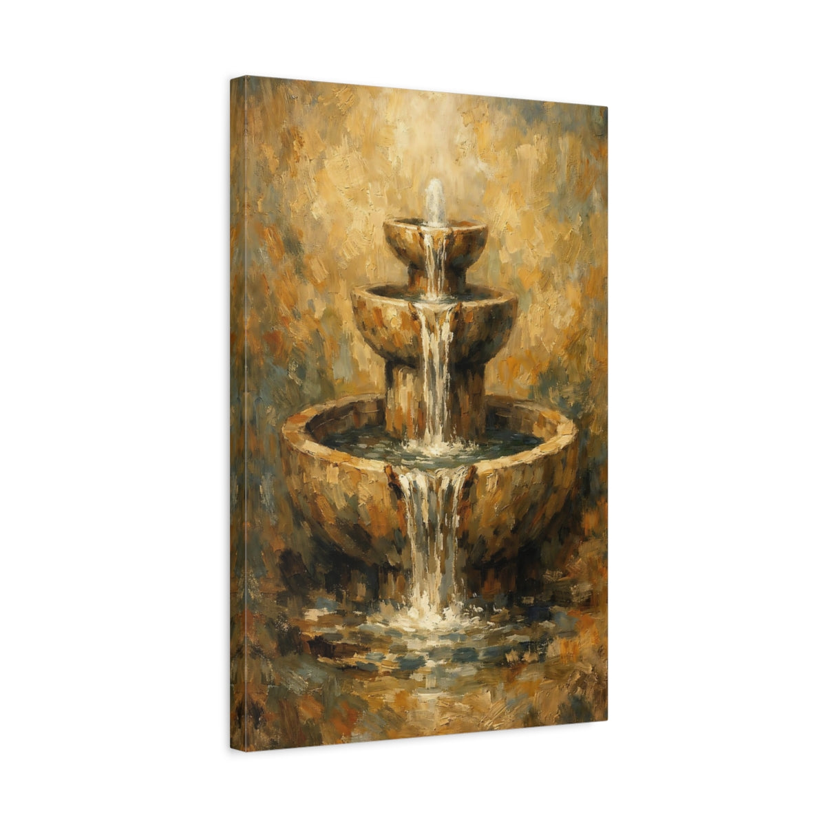 Side Mockup 3. Nature Tiered Fountain Brown Gold Fountain shown as stretched canvas wall art