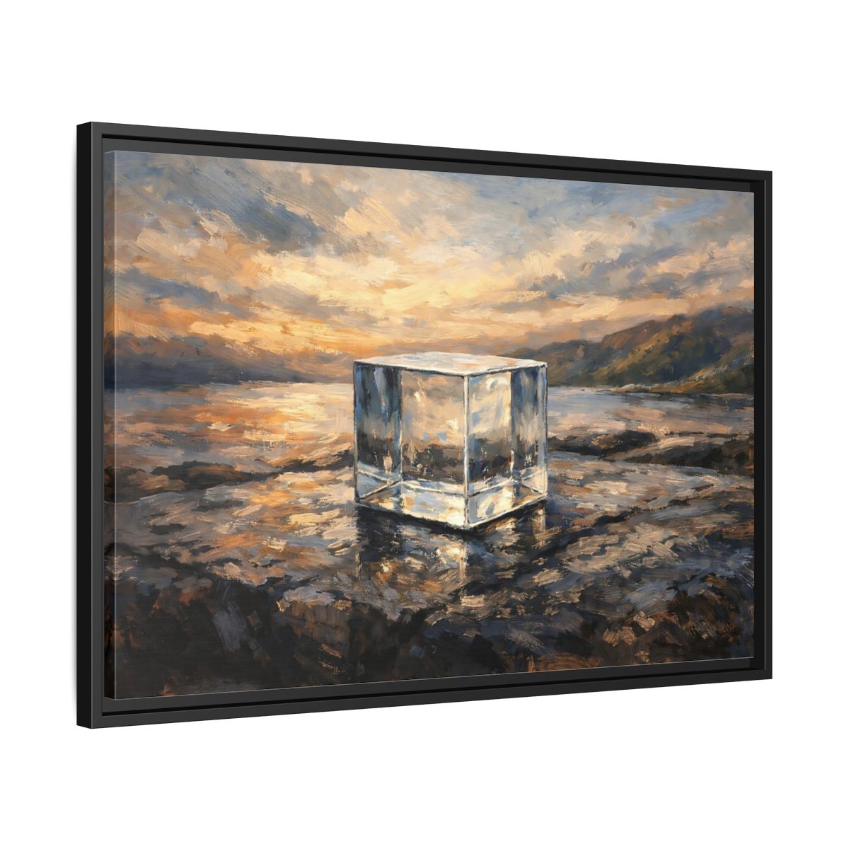 Side Mockup 14. Nature Transparent Cube Golden Seascape shown as stretched canvas wall art
