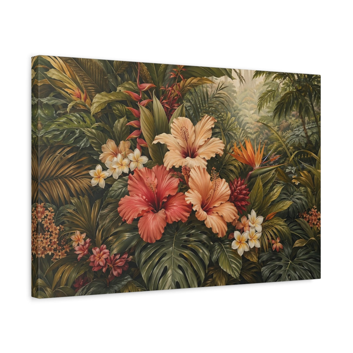 Side Mockup 3. Nature Tropical Flowers Tropical Floral Green shown as stretched canvas wall art