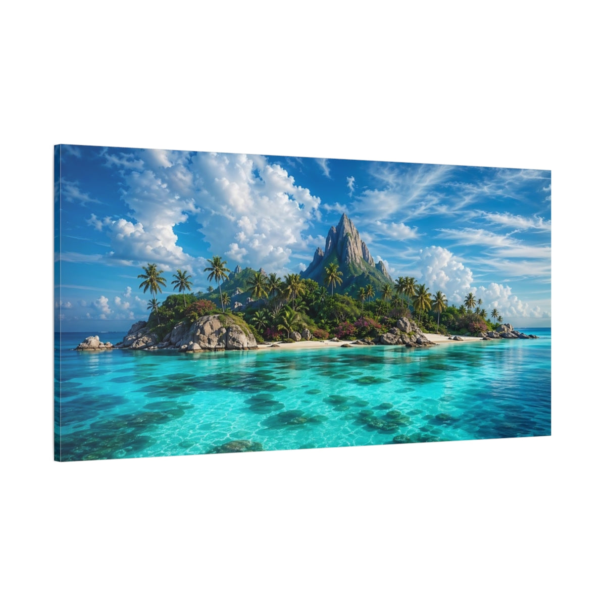 Side Mockup 2. Nature Tropical Island Tropical Island Blue shown as stretched canvas wall art