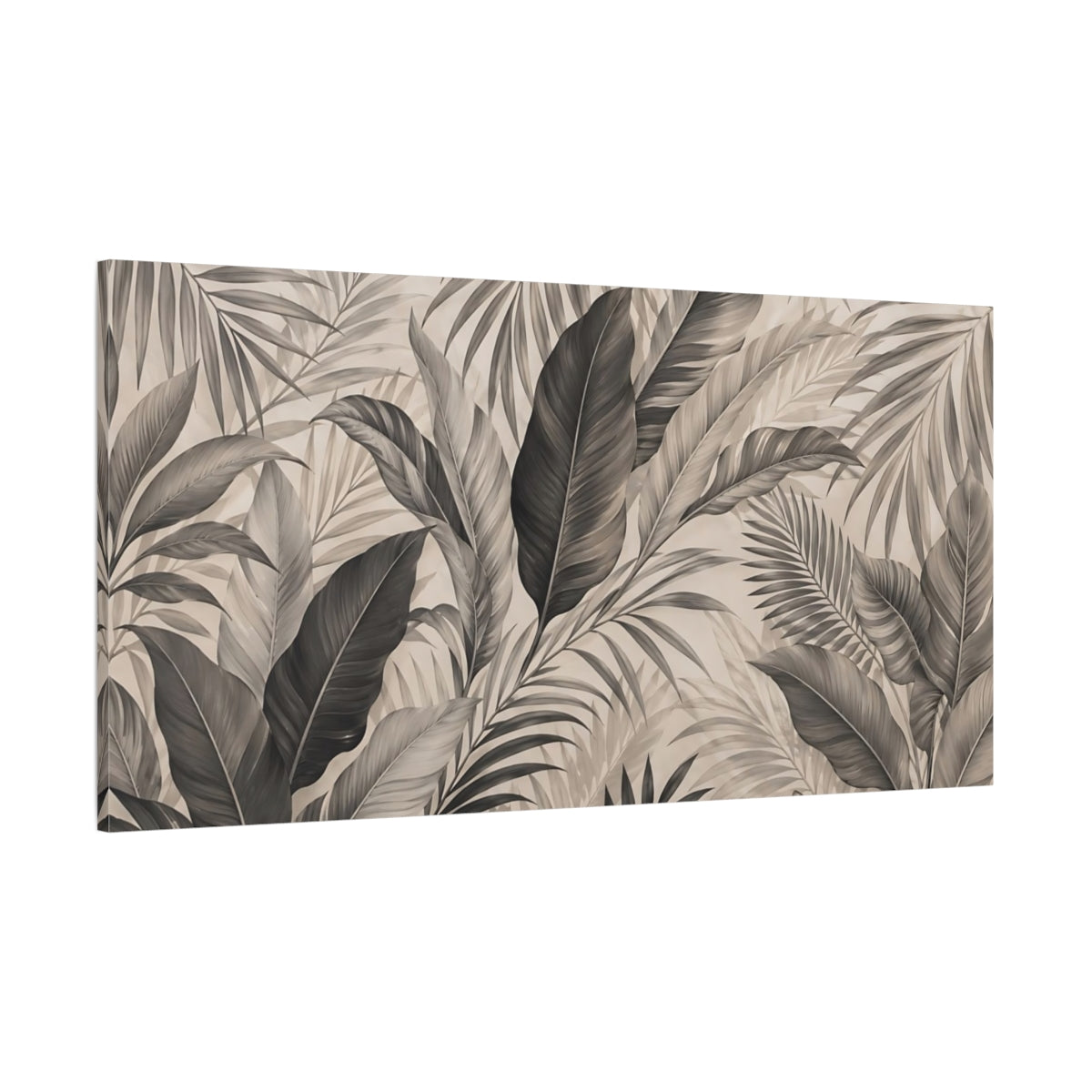Side Mockup 2. Nature Tropical Leaves Brown And Black shown as stretched canvas wall art