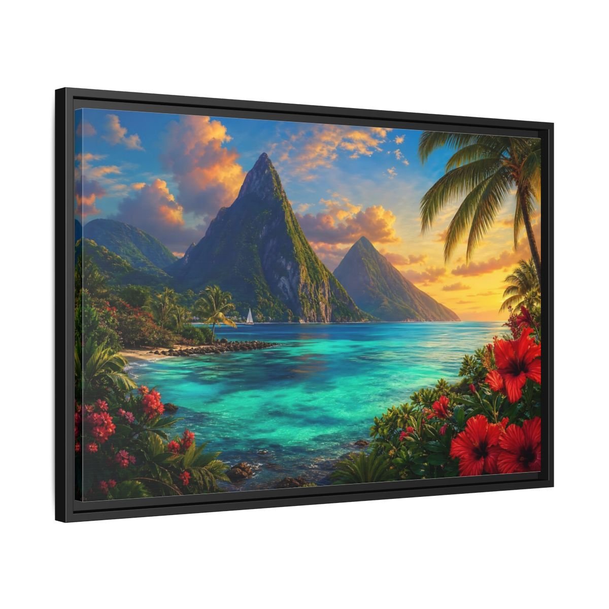 Nature Tropical Mountains Turquoise Blue Framed Canvas Wall Art Print – Living Room Decor, Above Sofa - YesArtYes