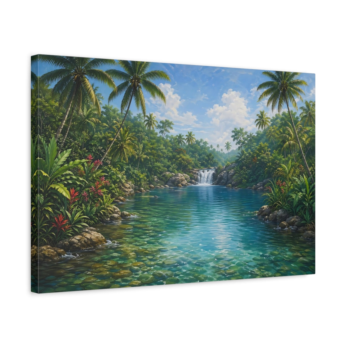 Side Mockup 3. Nature Tropical River Tropical Blue-Green shown as stretched canvas wall art