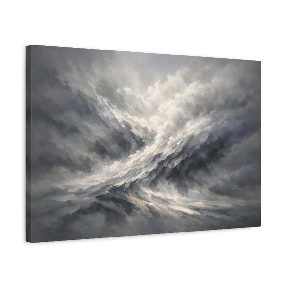 Side Mockup 3. Nature Turbulent Clouds Grey And White shown as stretched canvas wall art