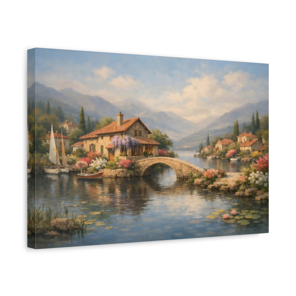 Side Mockup 4. Nature Village Landscape Lakeside Village shown as stretched canvas wall art