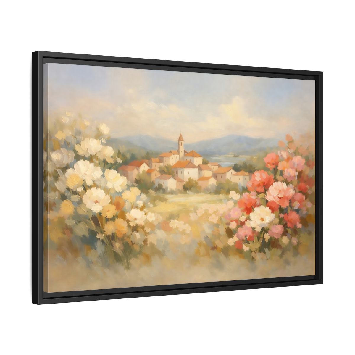 Side Mockup 14. Nature Village Landscape Pastel Village Landscape shown as stretched canvas wall art