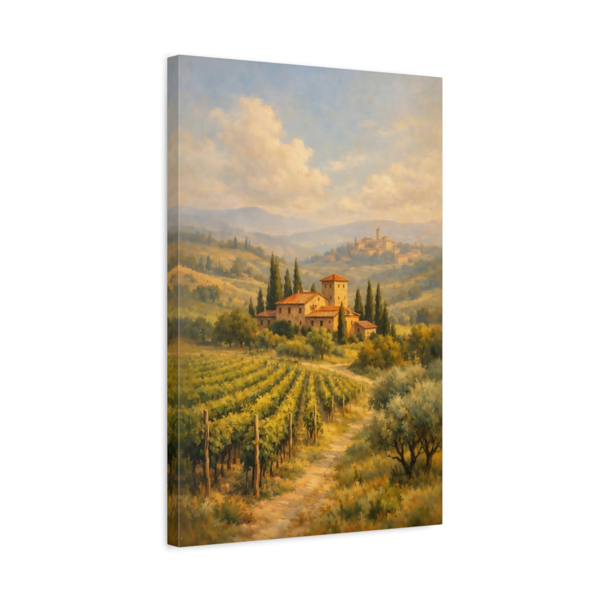 Side Mockup 3. Nature Vineyard Landscape Green And Gold Landscape shown as stretched canvas wall art