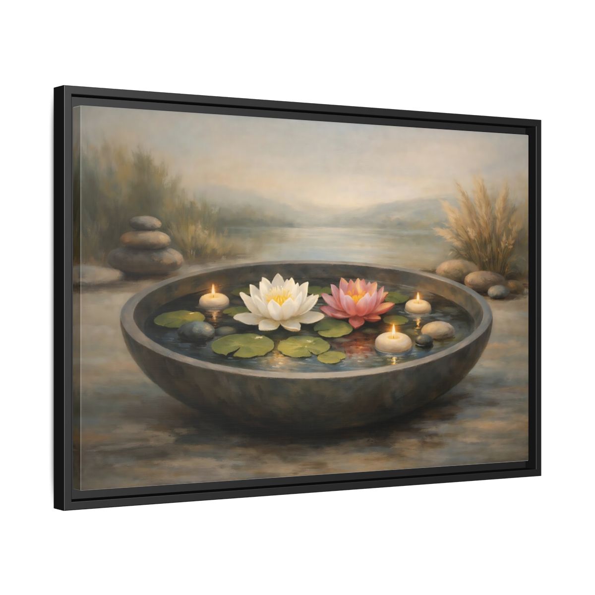 Side Mockup 14. Nature Water Lilies Serene Water Lilies shown as stretched canvas wall art