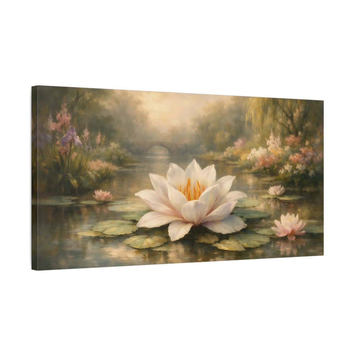 Side Mockup 2. Nature Water Lily Soft Green Water Lily shown as stretched canvas wall art