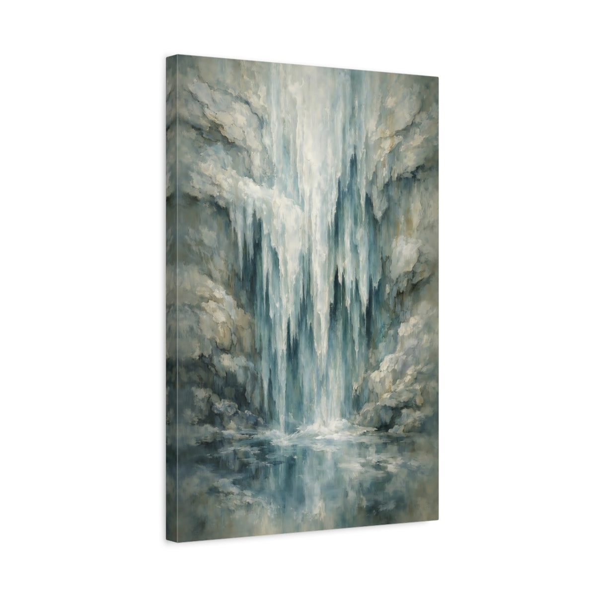 Side Mockup 3. Nature Waterfall Blue And Gray shown as stretched canvas wall art
