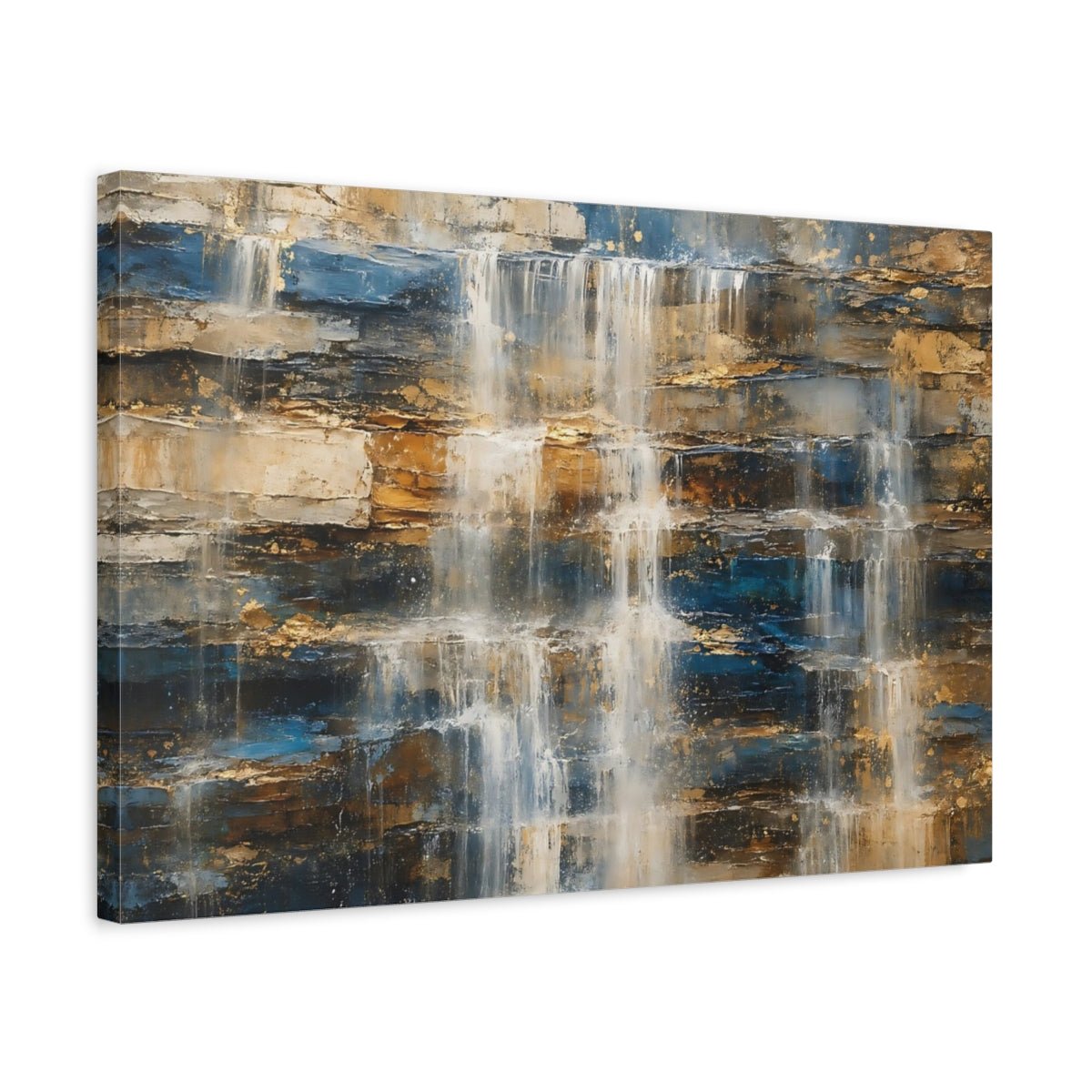 Nature Waterfall Blue Gold Canvas Print – Living Room, Above Fireplace - YesArtYes