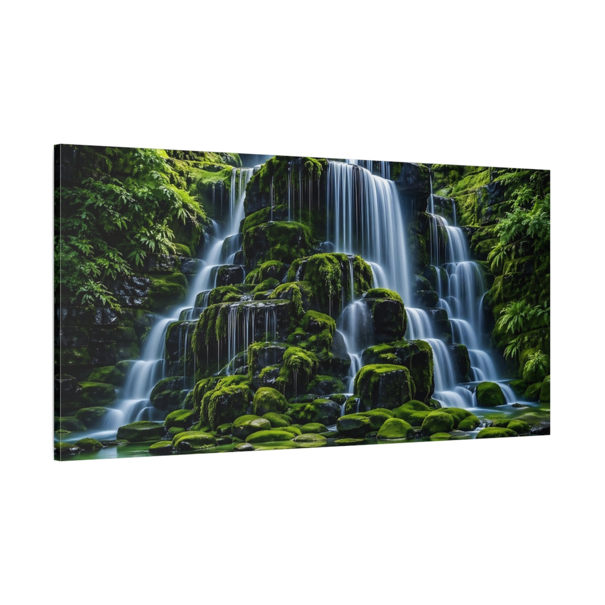 Side Mockup 2. Nature Waterfall Green Waterfall shown as stretched canvas wall art