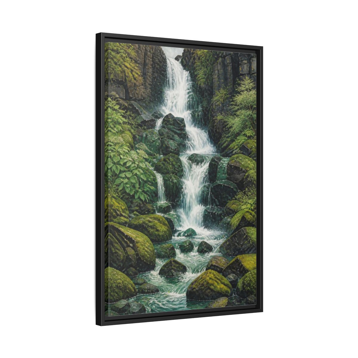 Side Mockup 14. Nature Waterfall Retreat shown as framed canvas print