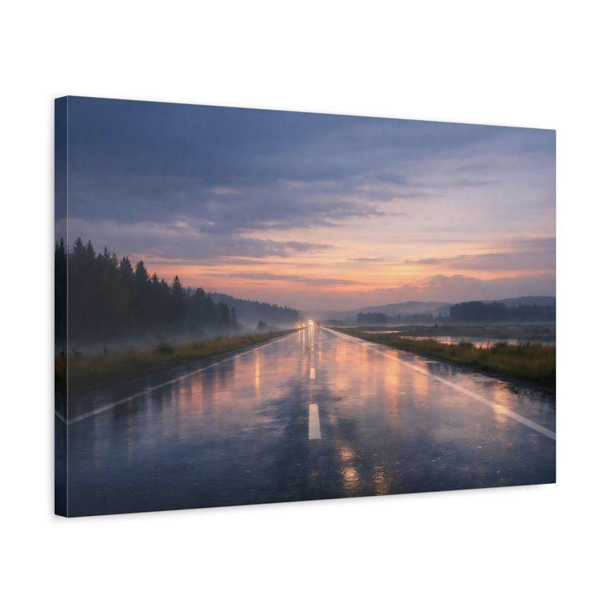 Side Mockup 3. Nature Wet Highway Rainy Sunset Road shown as stretched canvas wall art