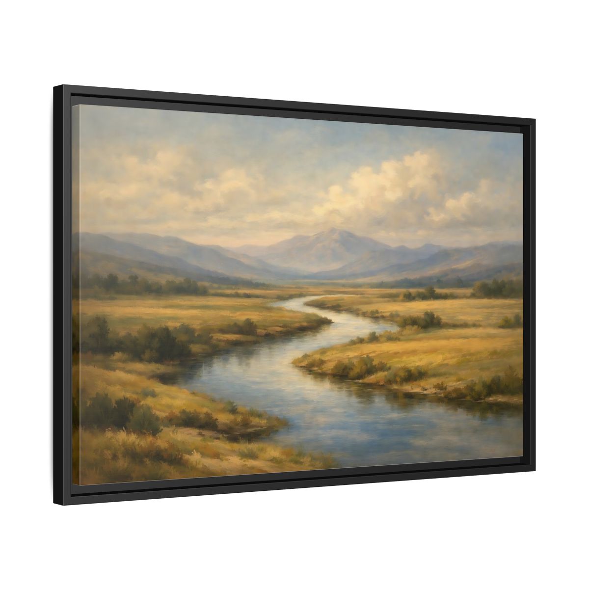 Side Mockup 14. Nature Winding River Brown And Blue shown as stretched canvas wall art