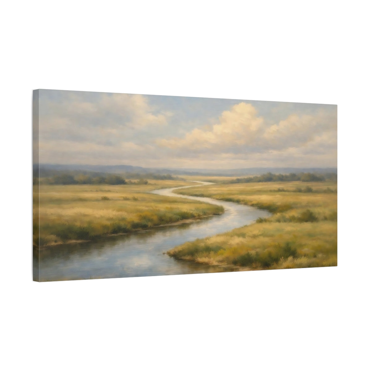 Side Mockup 2. Nature Winding River Green Gold River shown as stretched canvas wall art