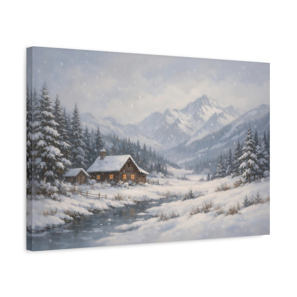Side Mockup 3. Nature Winter Cabin Snowy Cabin shown as stretched canvas wall art