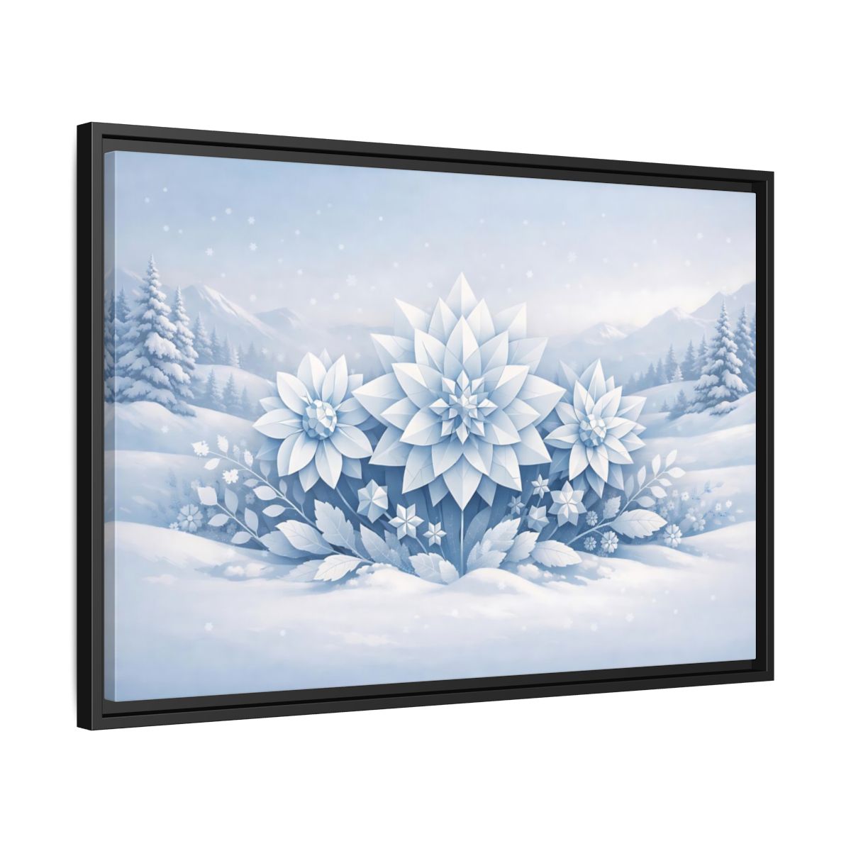 Side Mockup 14. Nature Winter Flowers Blue And White Winter shown as stretched canvas wall art