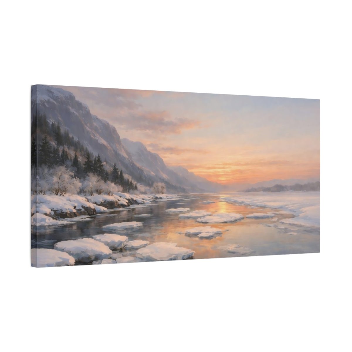 Nature Winter Landscape River Sunset - Canvas Wall Art Print - YesArtYes