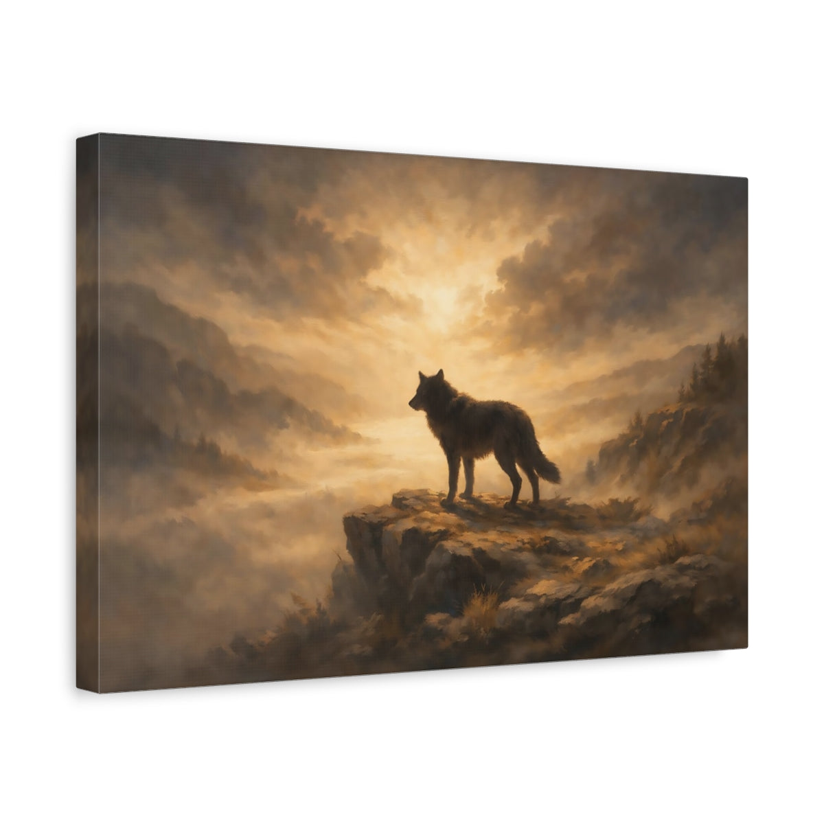 Side Mockup 4. Nature Wolf Golden Brown Wolf shown as stretched canvas wall art