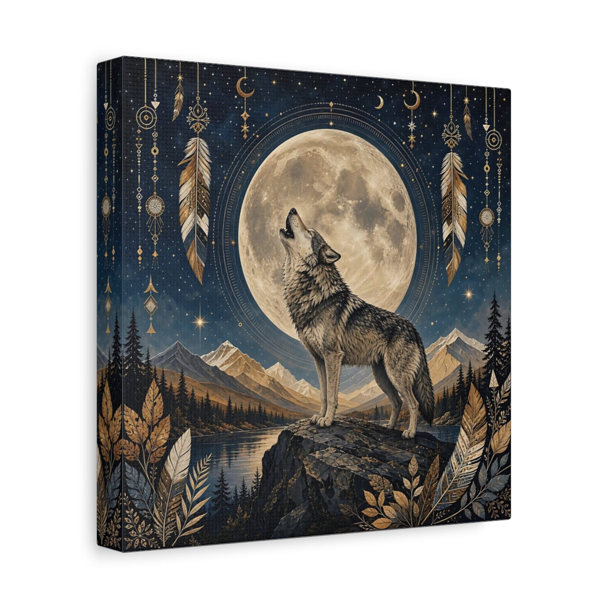 Side Mockup 9. Nature Wolf Wolf Moon shown as stretched canvas wall art