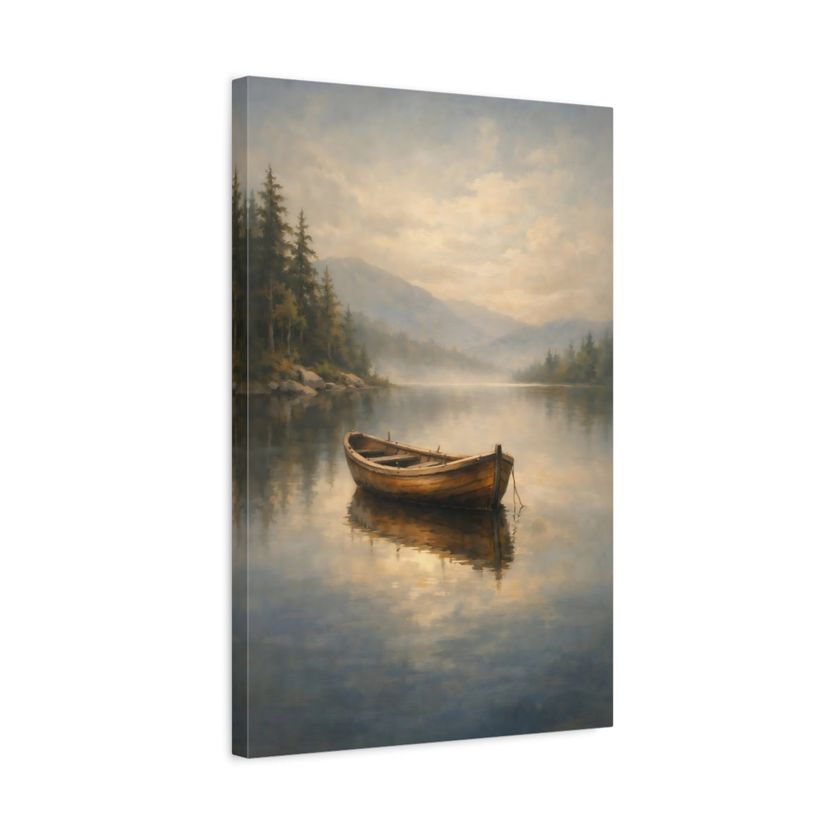 Side Mockup 3. Nature Wooden Boat Misty Lake Boat shown as stretched canvas wall art