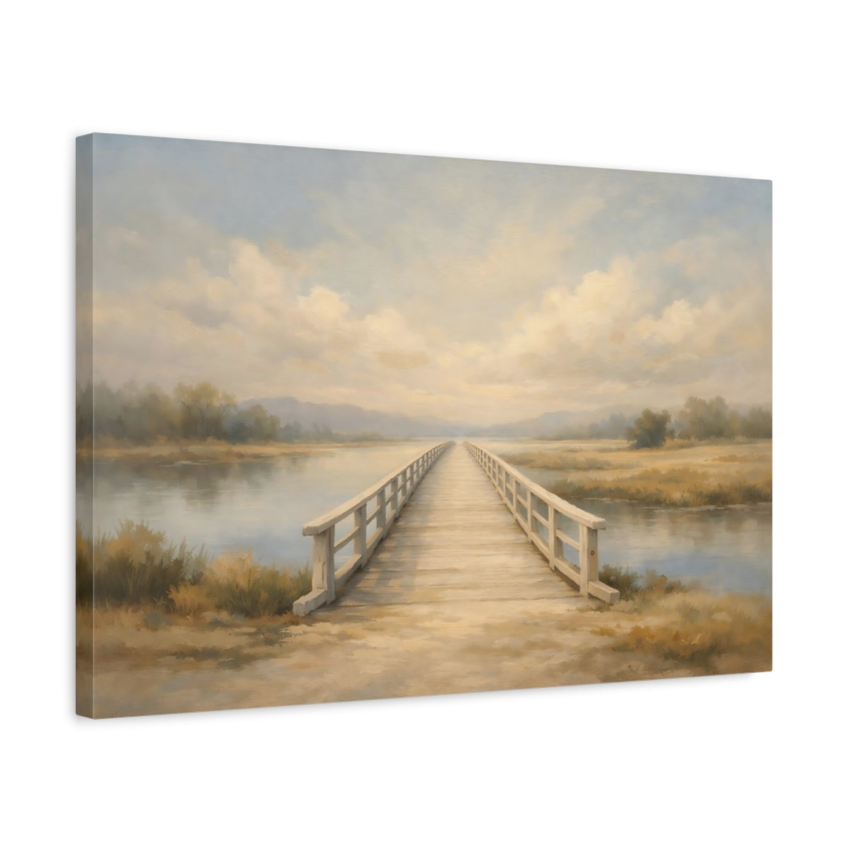 Side Mockup 3. Nature Wooden Bridge Muted Landscape shown as stretched canvas wall art
