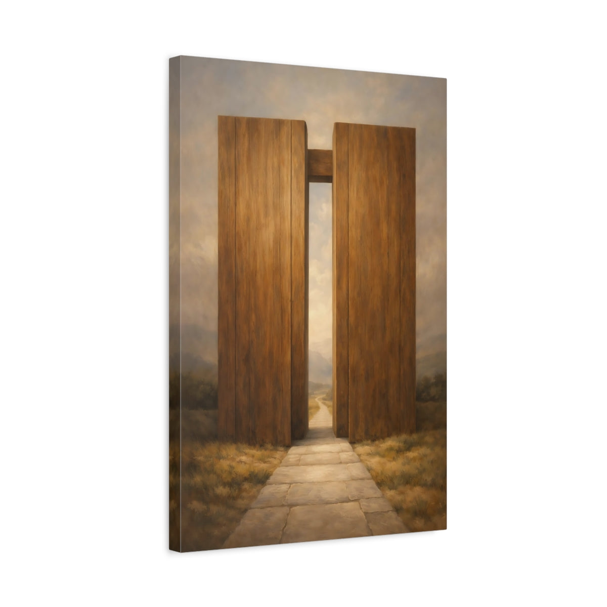 Side Mockup 3. Nature Wooden Gateway Brown And Grey shown as stretched canvas wall art