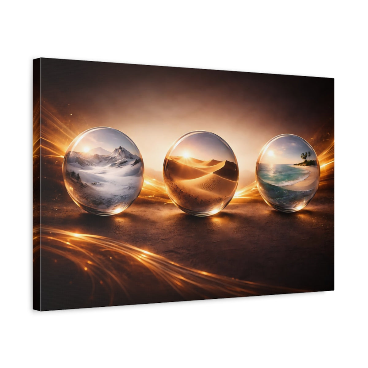 Side Mockup 3. Nature World Spheres Golden Glow shown as stretched canvas wall art