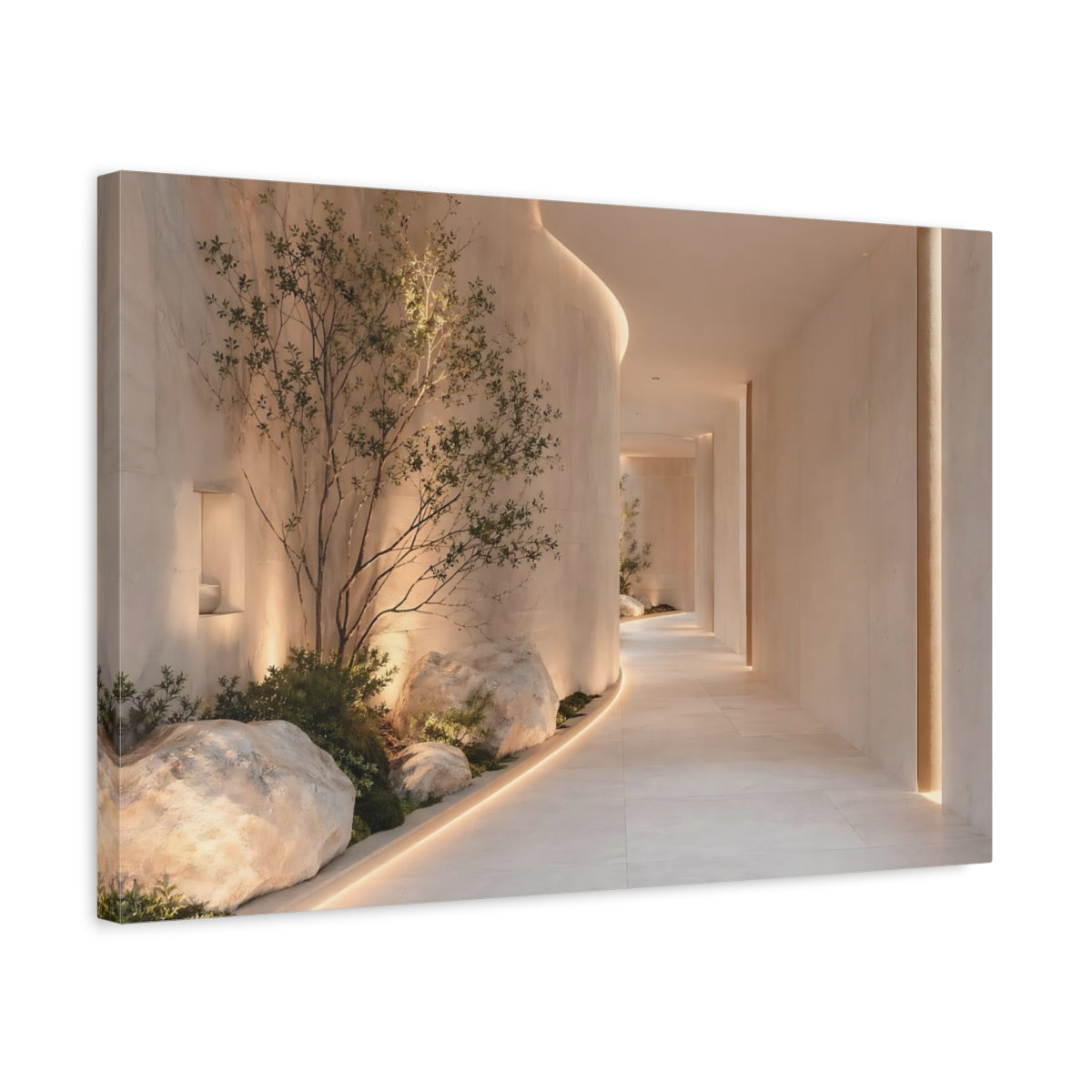 Side Mockup 3. Nature Zen Garden Beige And Green shown as stretched canvas wall art