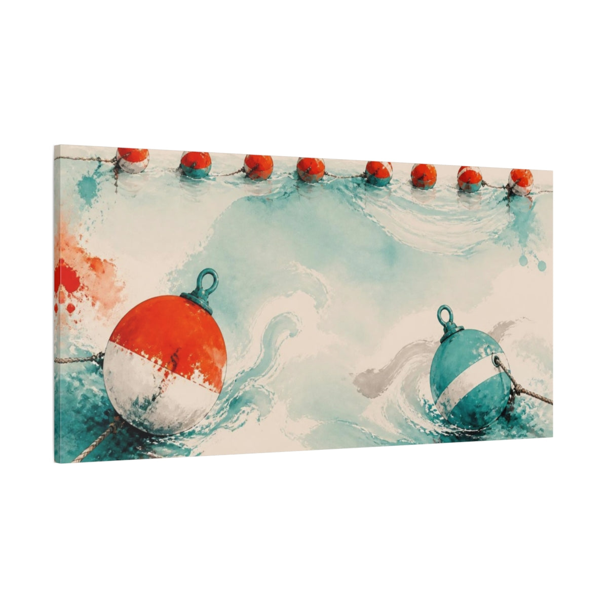 Side Mockup 2. Nautical Buoys In Turquoise shown as canvas print