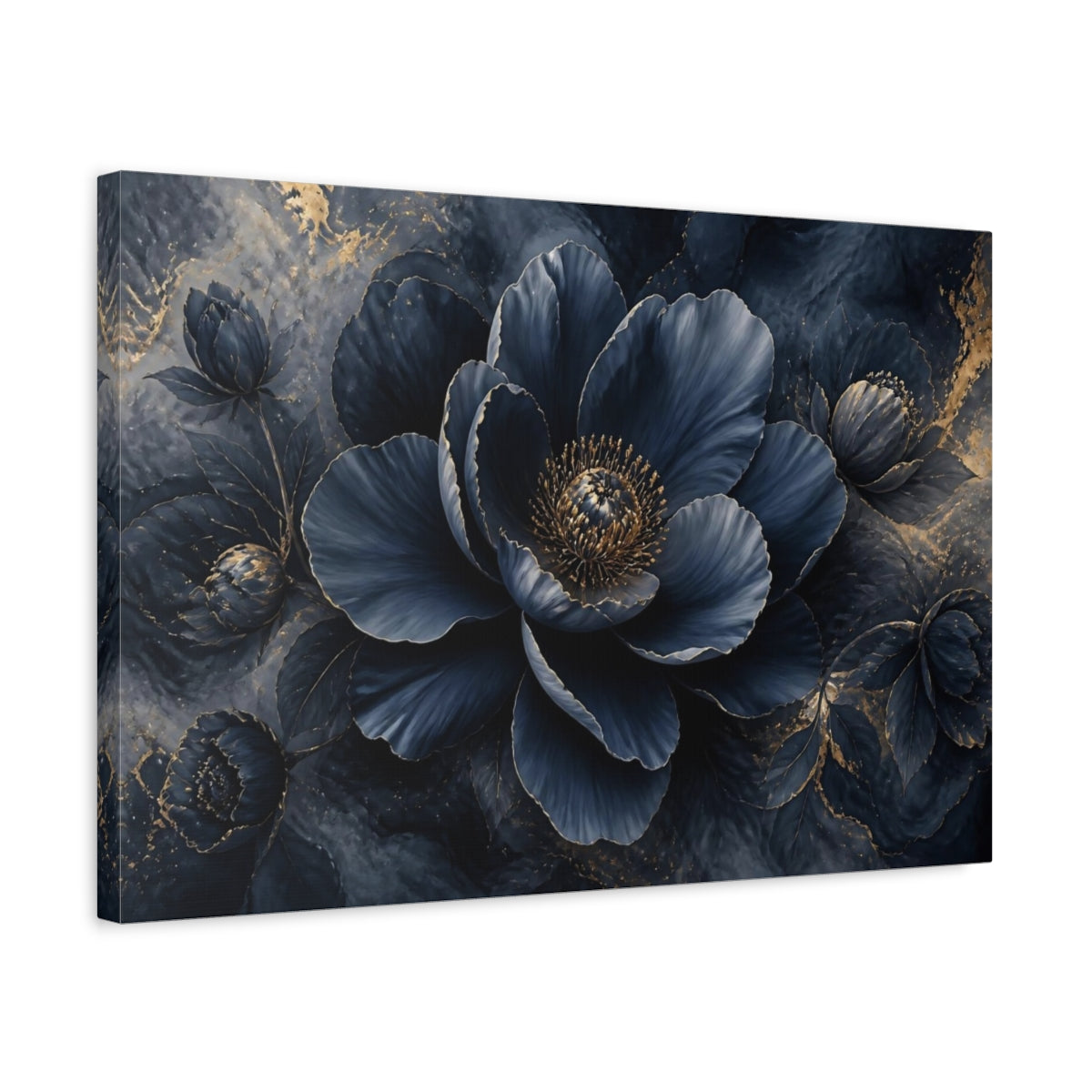 Side Mockup 3. Navy Gold Flower Bloom shown as canvas print
